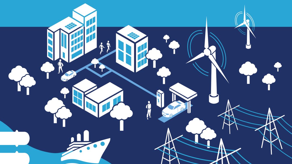 Illustration of a sustainable smart city with wind turbines, solar panels, electric car charging, and power grids.